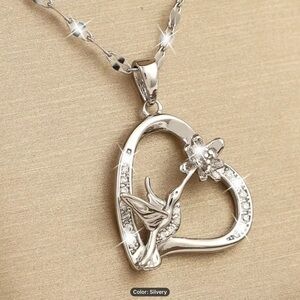 1pc Love Hummingbird Flower Zircon Pendant Necklace Titanium Steel Chain.